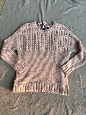 aerie Light Mauve Crewneck Cable-Detail Sweater With Key Hole Back